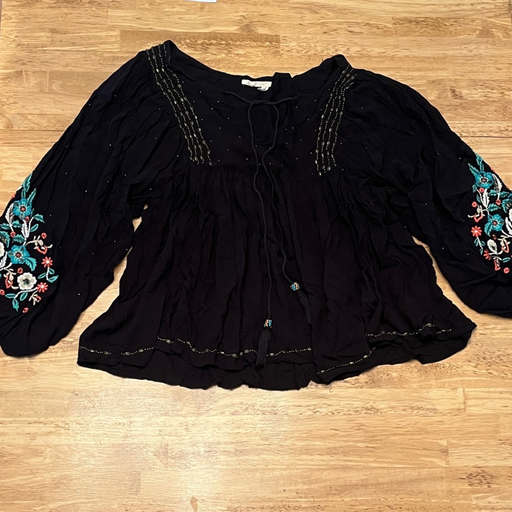 Anthropologie  Flowy Top with Colorful Floral Embroidery